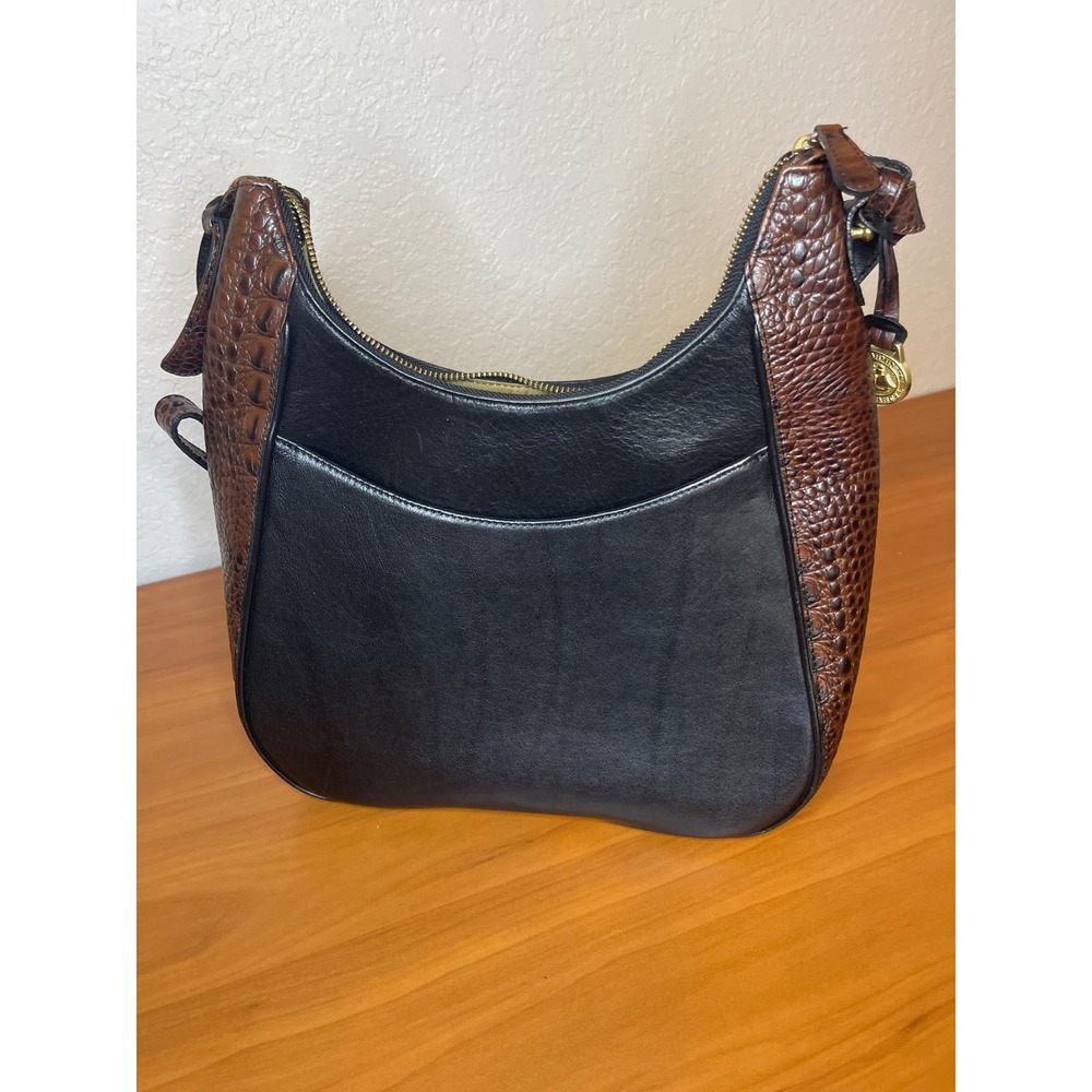 Brahmin Black Leather Brown Croc Embossed Trim Shoulder Bag Hobo Gold Hardware